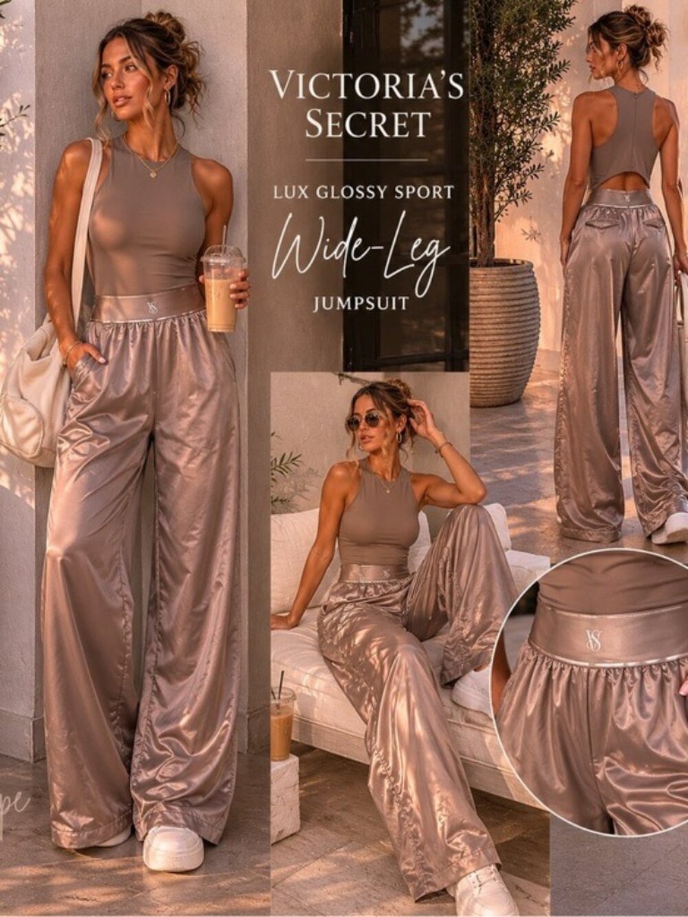 Victoria’s Secret Lux Glossy Wide Leg Jumpsuit XS Quiet Luxury Taupe NWT